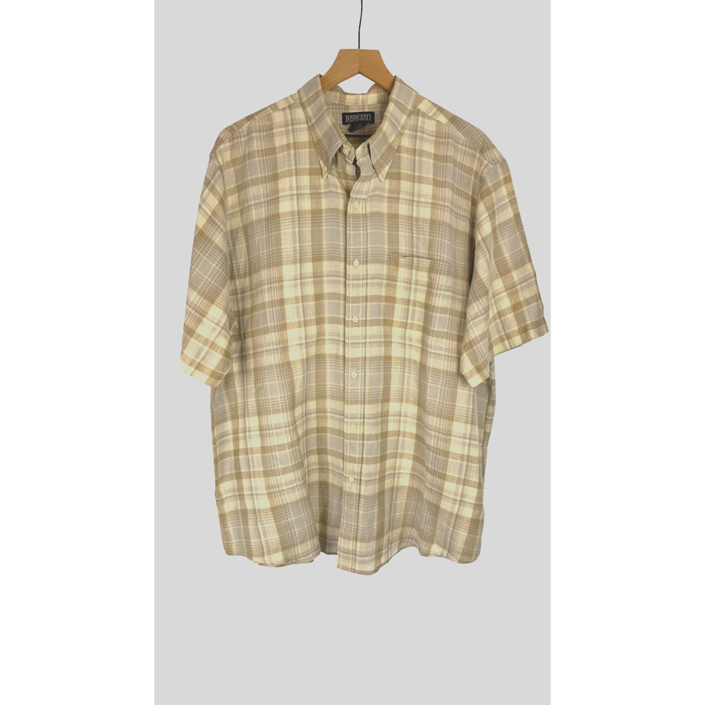 Lands' End 100% Linen Plaid Button Shirt Mens XL 17-17 1/2 Short Sleeve Casual